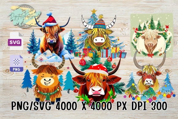 Cute Highland Cow Christmas Graphics for Illustrations